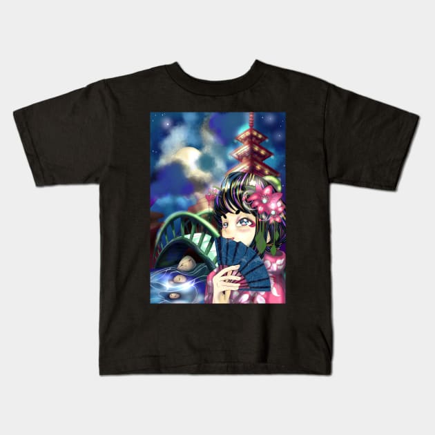 Anime Girl in Kimono on a Summer Night Kids T-Shirt by Summer_Childe